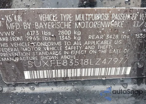 2008 BMW X5 4.8I from USA, damaged, VIN 5UXFE83518LZ47977